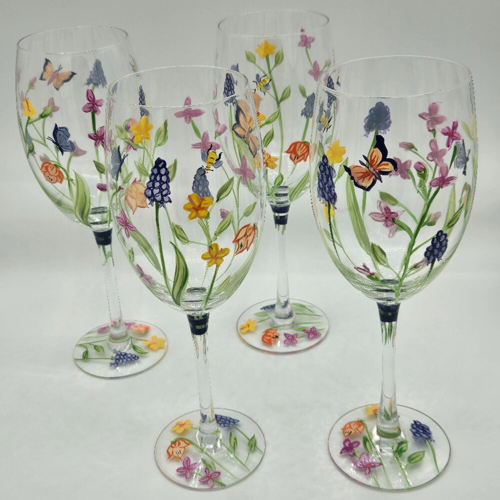 Vintage Block Basics Secret Garden Hand Painted Wine Goblet Glasses Set of 4